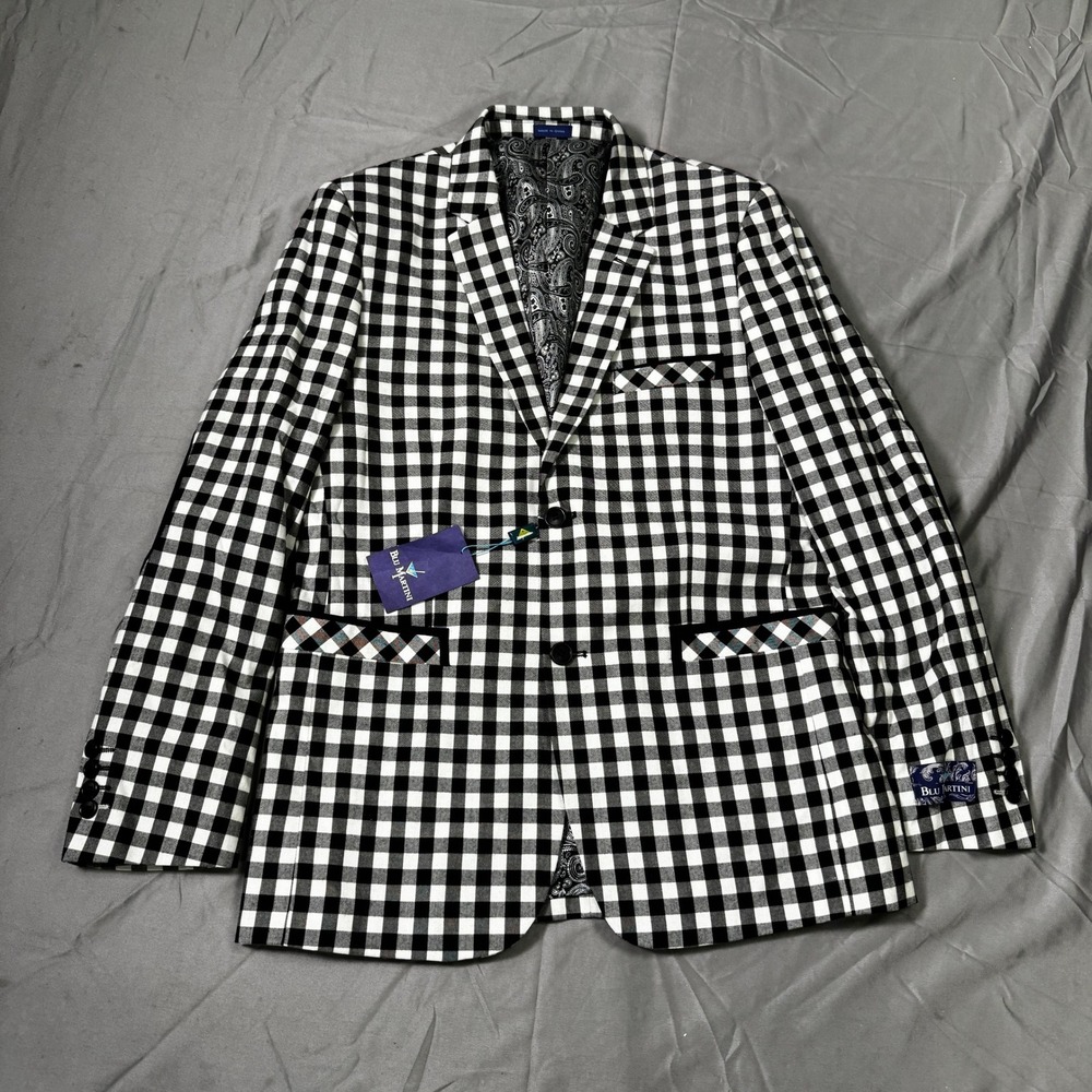 Blu Martini Mens Gingham Blazer 38R Black White Check Elbow Patch Sport Coat NEW